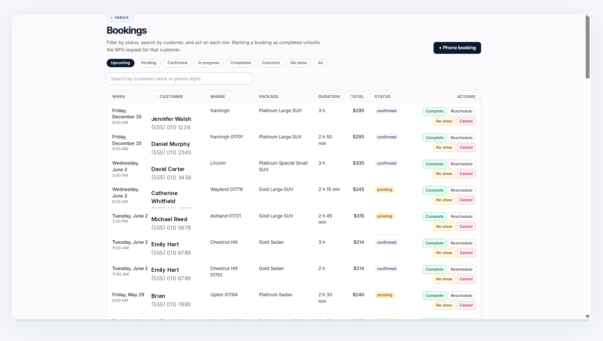 Pilot bookings list — every row shows the package, vehicle size, and the price the engine quoted to the customer.